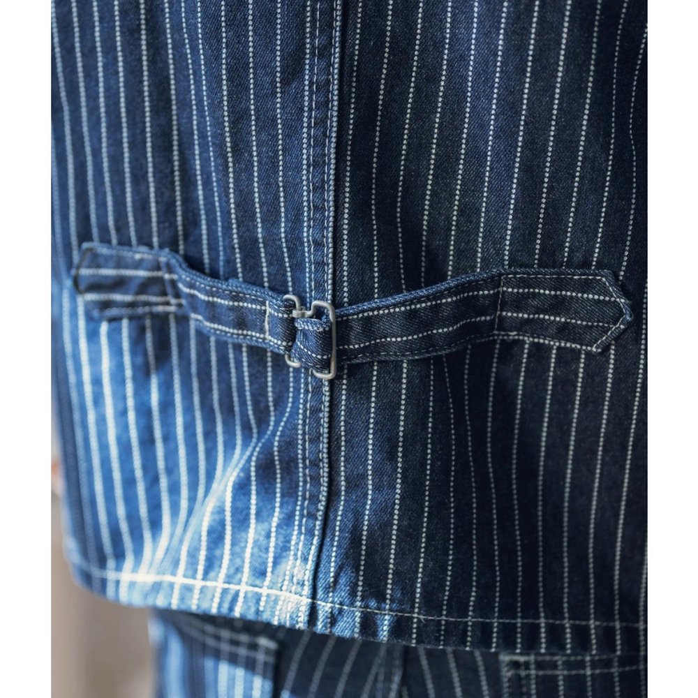 Non Stock Retro Amekaji Men's Wabash Stripe Vest Railroad Work Denim Waistcoats - Picture 6 of 16